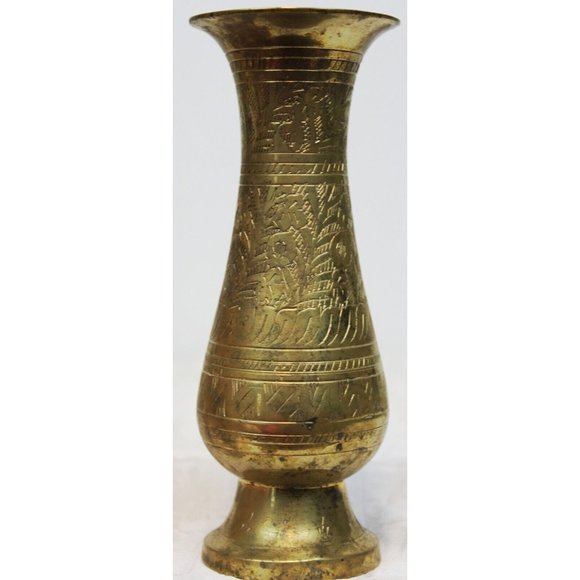 Vtg Solid Brass Metal Mini Bud Flower Vase Indian Etching Design Art Home Decor - Picture 5 of 11